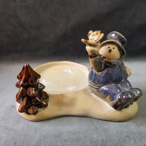 Handmade Ceramic Snowman Candle Holder Tealight Pine Tree Rustic Christmas Decor